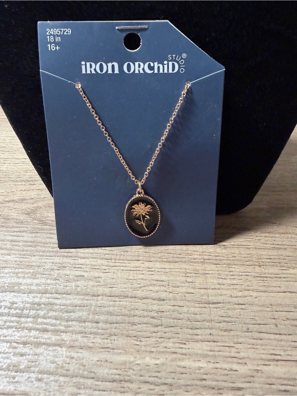 Gold-Tone Floral Pendant Necklace in Black